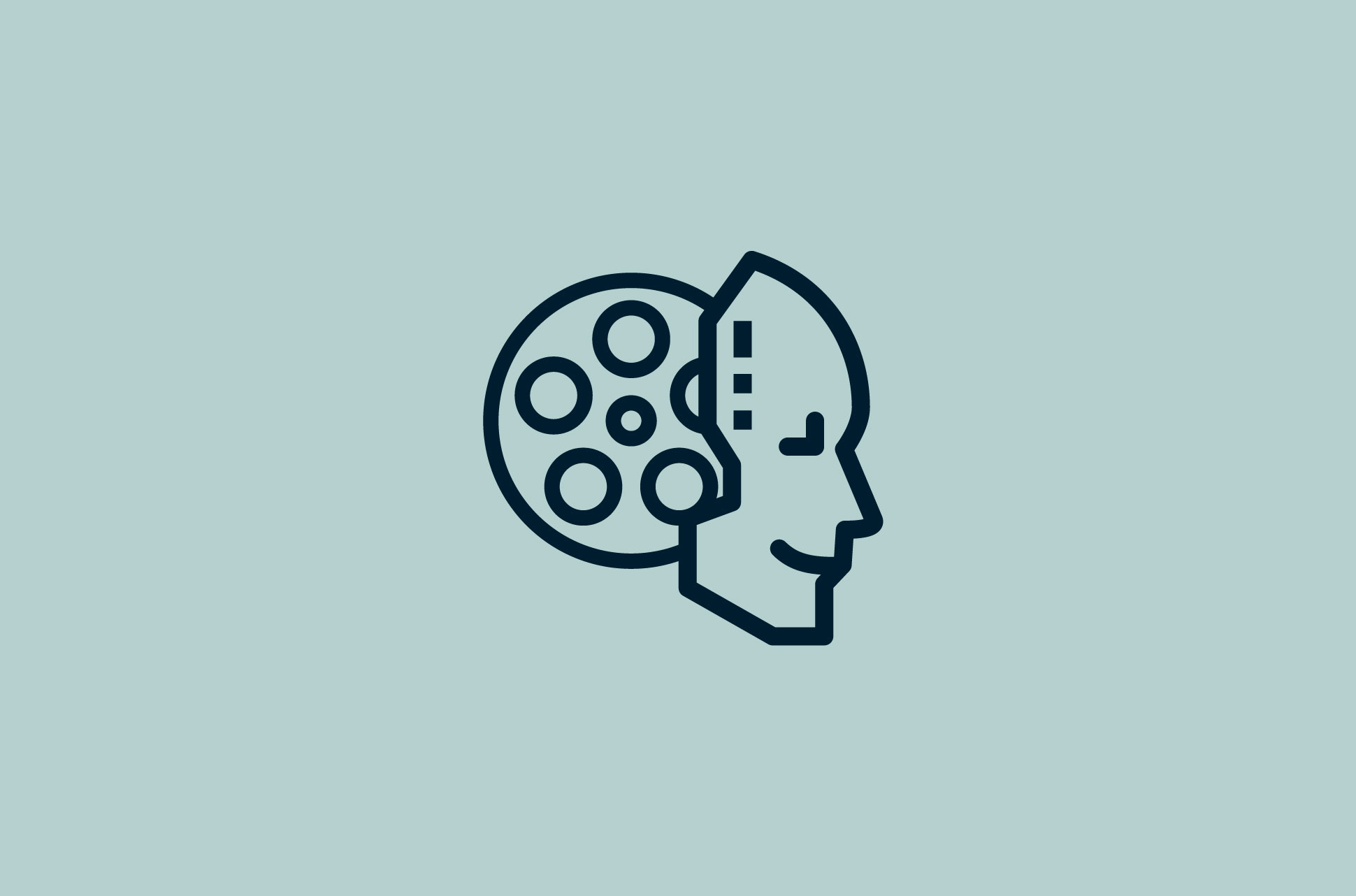An open android face with film reel within.