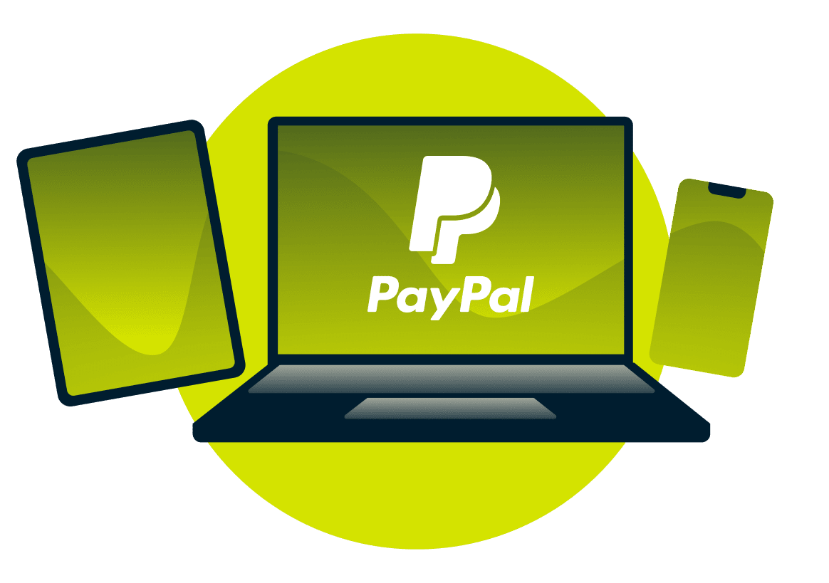 Kannettava, tabletti ja puhelin sekä PayPalin logo.