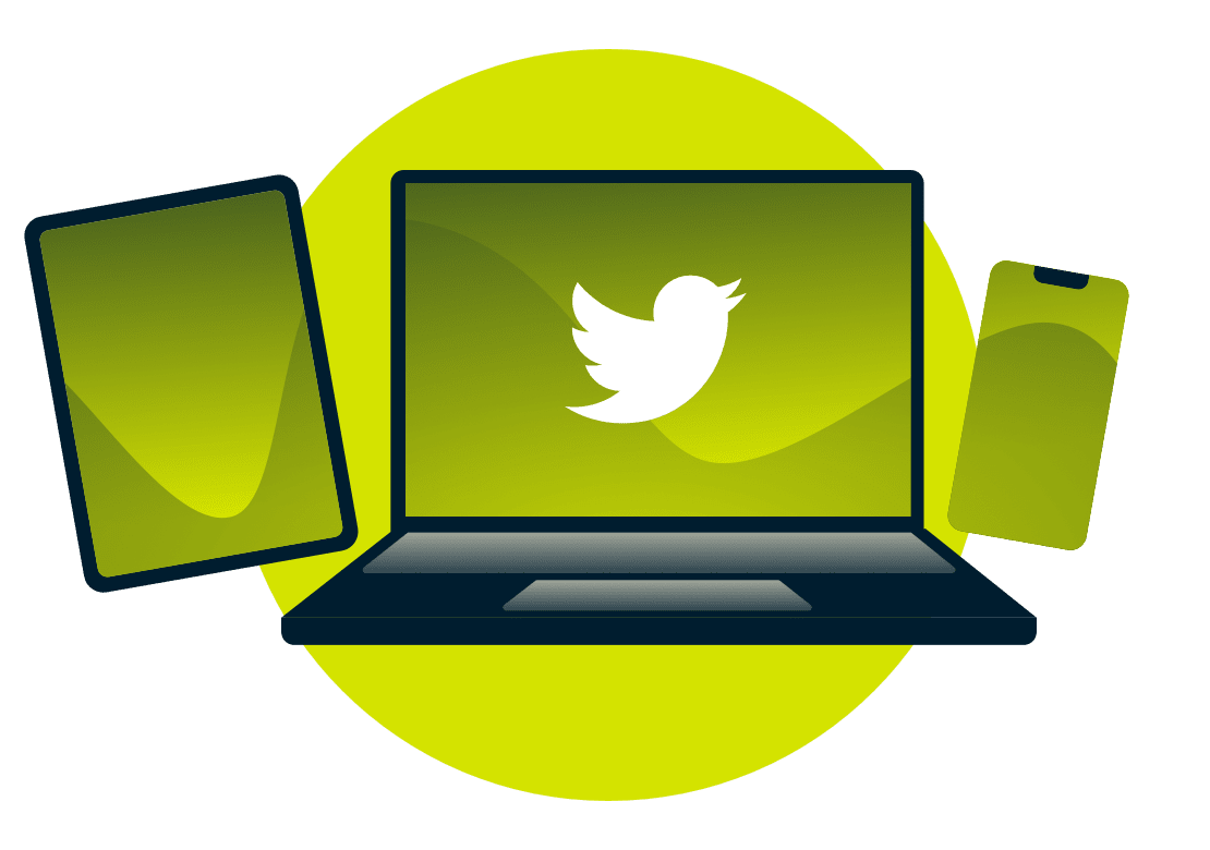 Un ordinateur portable, une tablette et un téléphone, avec le logo de Twitter.
