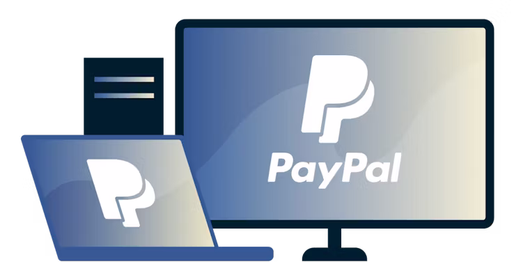 Pöytäkone ja kannettava, joissa on PayPalin logo.