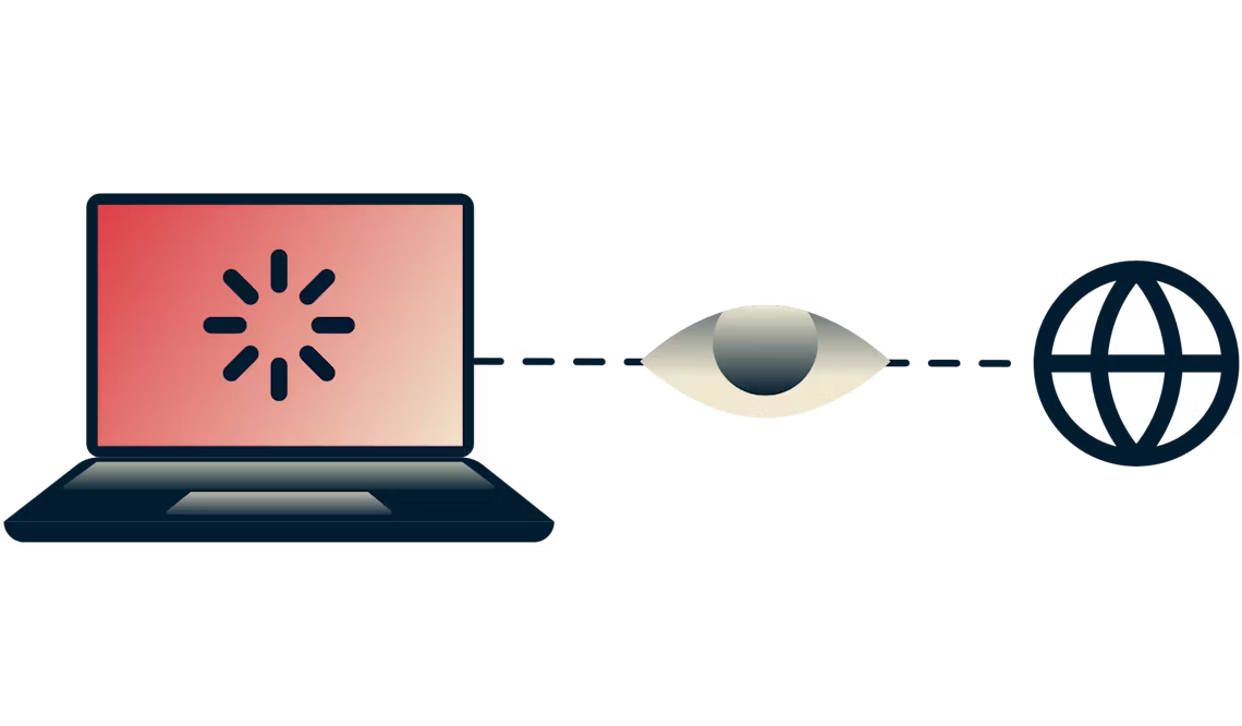 Een bufferende laptop verbonden met het internet met een oog dat de verbinding overziet.