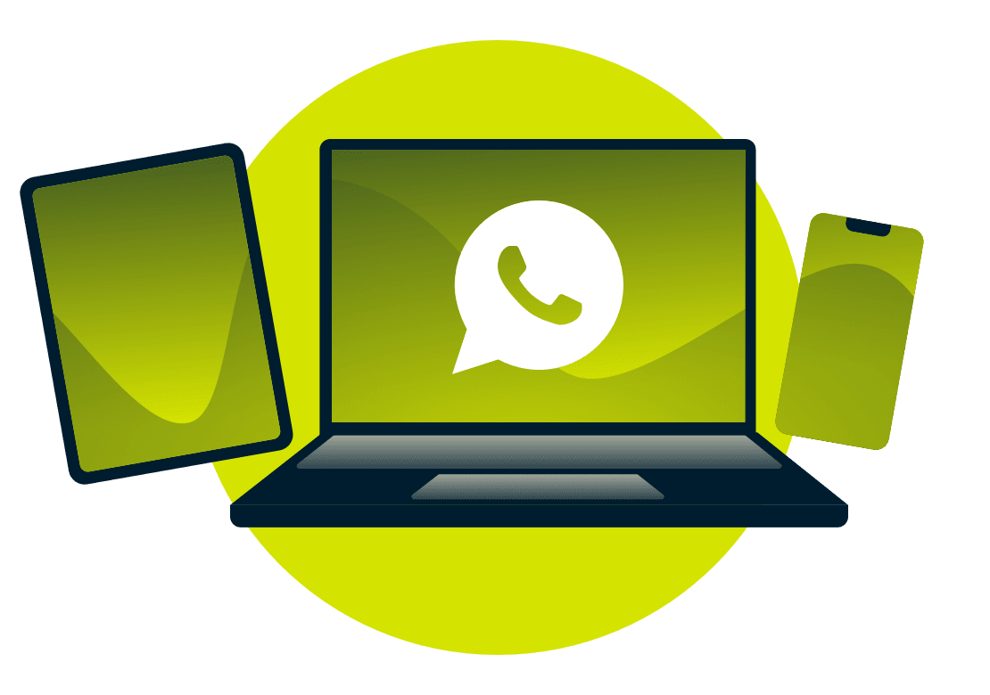 Um computador portátil, tablet e telefone, com o logótipo WhatsApp.